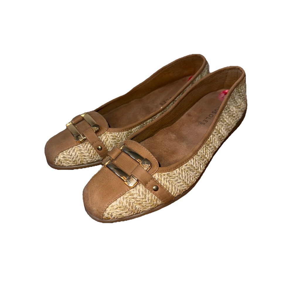 Aerosols‎ Raffia Flats Gold Buckle Size 10 Tan And Cream Comfort